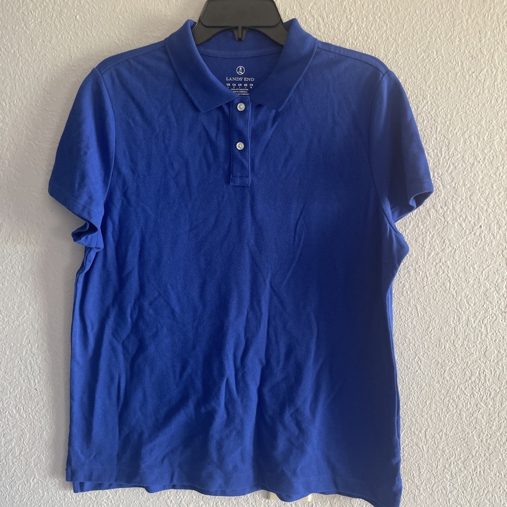 Lands End Men  Blue Polo Shirt Size L Short Sleeve 2 Button Collar Cotton
